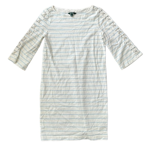 Ralph Lauren White/Blue Boat Neck Shift Dress with Laced Sleeve SZM - Picture 1 of 8